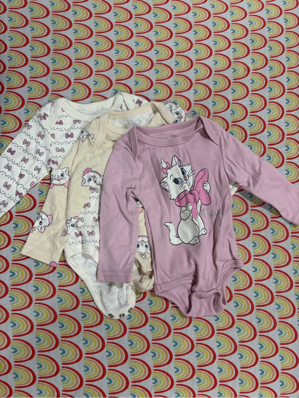 Girls' Long-Sleeve Kitty Print One-Piece Bodysuits - Pink, Cream, White